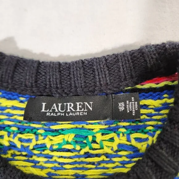 LAUREN Unisex Multicolor Geo-Motif Cotton-Linen Crewneck Sweater Size XS Ex. Con - Picture 7 of 16